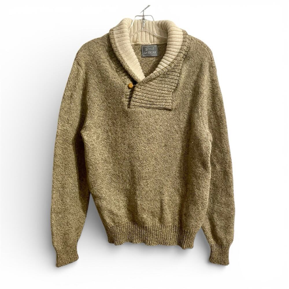Vintage 80s Le Tigre Shawl Collar Wool Sweater Mens M Medium Tan Made In USA